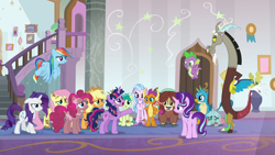 Size: 1280x720 | Tagged: safe, screencap, applejack, discord, fluttershy, gallus, ocellus, pinkie pie, rainbow dash, rarity, sandbar, silverstream, smolder, spike, starlight glimmer, twilight sparkle, twilight sparkle (alicorn), yona, alicorn, changedling, changeling, classical hippogriff, draconequus, dragon, earth pony, griffon, hippogriff, pegasus, pony, unicorn, yak, a matter of principals, bow, chest fluff, cloven hooves, cowboy hat, dirty, dragoness, female, hair bow, hat, jewelry, male, mane six, monkey swings, necklace, student six, teenager, wet mane