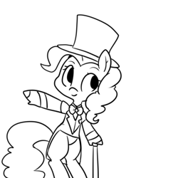 Size: 1000x1000 | Tagged: safe, artist:pegacornss, pinkie pie, earth pony, pony, cane, clothes, frock coat, grayscale, hat, monochrome, simple background, solo, suit, top hat