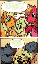 Size: 458x779 | Tagged: safe, artist:brendahickey, edit, idw, apple bloom, applejack, big macintosh, granny smith, earth pony, pony, arson, comic, male, stallion, text edit