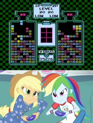 Size: 776x1024 | Tagged: safe, derpibooru import, applejack, rainbow dash, equestria girls, applejack and rainbow dash playing, dr. mario, exploitable meme, meme, video game