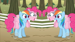 Size: 956x536 | Tagged: safe, derpibooru import, edit, edited screencap, screencap, pinkie pie, rainbow dash, earth pony, pegasus, pony, the super speedy cider squeezy 6000, mirrored, self ponidox, unitinu