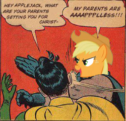 Size: 320x310 | Tagged: safe, applejack, earth pony, pony, applejack's parents, batman, dc comics, exploitable meme, robin, slap