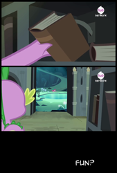 Size: 898x1331 | Tagged: safe, pinkie pie, spike, dragon, earth pony, pony, inspiration manifestation, book, cave, cave pool, exploitable meme, hub logo, meme, mirror pool, secret door