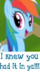 Size: 221x392 | Tagged: safe, artist:horsesplease, derpibooru import, rainbow dash, pegasus, pony, bronybait, caption, congratulations, courage, cute, dashabetes, expand dong, exploitable meme, gameloft, happy, image macro, meme, motivation, smiling, wow! glimmer