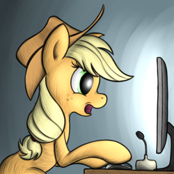 Size: 1700x1700 | Tagged: safe, artist:zirbronium, applejack, earth pony, pony, computer, female, mare, solo