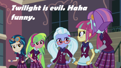 Size: 1280x720 | Tagged: safe, edit, screencap, indigo zap, lemon zest, sour sweet, sugarcoat, sunny flare, equestria girls, friendship games, clothes, crystal prep academy uniform, crystal prep shadowbolts, glasses, goggles, headphones, inverted mouth, school uniform, shadow five, text