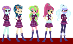 Size: 1118x670 | Tagged: safe, artist:eli-j-brony, indigo zap, lemon zest, sour sweet, sugarcoat, sunny flare, equestria girls, friendship games, clothes, crystal prep academy uniform, crystal prep shadowbolts, hand on hip, headphones, missing shoes, school uniform, shadow five, socks