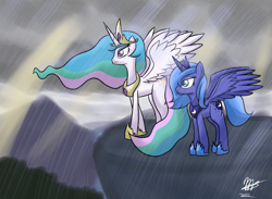 Size: 1400x1024 | Tagged: safe, artist:mister-markers, princess celestia, princess luna, alicorn, pony, rain, s1 luna