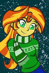 Size: 640x960 | Tagged: safe, artist:mayorlight, sunset shimmer, equestria girls, arm behind back, clothes, digital art, female, hands behind back, long hair, looking at you, scarf, smiling, snow, solo, sweater