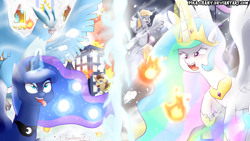 Size: 1500x844 | Tagged: safe, artist:pika-chany, derpy hooves, doctor whooves, princess celestia, princess luna, alicorn, pegasus, pony, articuno, crossover, female, magic, mare, pokémon, snow, snowball fight, snowbaææ, snowfall, tardis, telekinesis, tongue out