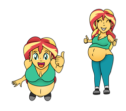 Size: 951x839 | Tagged: safe, artist:foxtide888, artist:pacificside18, sunset shimmer, equestria girls, belly, belly button, big belly, big breasts, breasts, chibi, cleavage, clothes, doodle, doodles, looking at you, looking up, pants, pregnant, pregnant equestria girls, shirt, shoes, simple background, socks, sunset preggers, thumbs up, transparent background