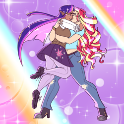 Size: 2500x2500 | Tagged: safe, artist:sessomesmaru, sunset shimmer, twilight sparkle, elf, human, belly button, clothes, crying, dark skin, elf ears, eyes closed, female, hug, human coloration, humanized, kissing, lesbian, midriff, rainbow, rainbow ponies, rainbow power, shipping, short shirt, skirt, sunsetsparkle, tears of joy, unicorns as elves