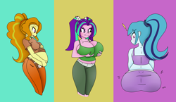 Size: 2876x1668 | Tagged: safe, artist:funble, artist:pacificside18, adagio dazzle, aria blaze, sonata dusk, equestria girls, aria bazookas, ass, belly, belly button, belt, big belly, big breasts, breasts, butt, cleavage, clothes, disguise, disguised siren, female, females only, grope, hairband, holding belly, huge breasts, large butt, looking back, looking down, pants, pregnant, pregnant equestria girls, self grope, shirt, sonata donk, t-shirt, tanktop, the dazzlings