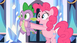 Size: 1365x768 | Tagged: safe, screencap, pinkie pie, spike, dragon, earth pony, pony, the crystal empire, female, male, mare