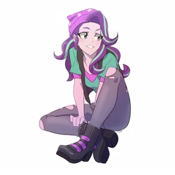 Size: 2550x2550 | Tagged: safe, artist:rustyartist, starlight glimmer, equestria girls, mirror magic, spoiler:eqg specials, beanie, clothes, female, hat, jeans, pants, ripped pants, simple background, sitting, smiling, solo, white background