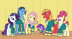 Size: 1280x685 | Tagged: safe, artist:mn27, big macintosh, fluttershy, rarity, toe-tapper, torch song, earth pony, pegasus, pony, unicorn, crossover, littlest pet shop, male, ponytones, ponytones outfit, sextet, singing, stallion, zoe trent