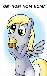 Size: 1266x2048 | Tagged: safe, artist:saburodaimando, derpy hooves, pegasus, pony, belly button, cute, derpabetes, eating, female, food, mare, muffin, nom, solo