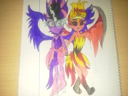 Size: 2560x1920 | Tagged: safe, midnight sparkle, sci-twi, sunset satan, sunset shimmer, twilight sparkle, equestria girls, friendship games, antagonist, drawing, equestria's monster girls, female, graph paper, lesbian, midnightsatan, scitwishimmer, shipping, sunsetsparkle, traditional art