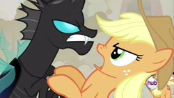 Size: 1920x1080 | Tagged: safe, screencap, applejack, changeling, earth pony, pony, a canterlot wedding, hub logo, out of context