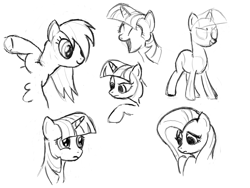 Size: 1024x768 | Tagged: safe, artist:zlack3r, derpibooru import, fluttershy, rainbow dash, twilight sparkle, pegasus, pony, monochrome, sketch dump