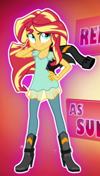 Size: 534x940 | Tagged: safe, screencap, sunset shimmer, equestria girls, friendship games, boots, breasts, cleavage, clothes, female, hand on hip, hasbro-sponsored official cleavage, high heel boots, jacket, leather jacket, looking at you, shoes, solo, sparkles