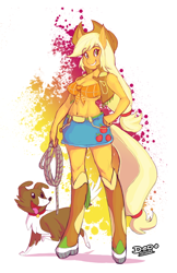 Size: 564x872 | Tagged: safe, artist:lionalliance, applejack, winona, anthro, belly button, boots, clothes, cowboy vest, front knot midriff, midriff, rope, skirt