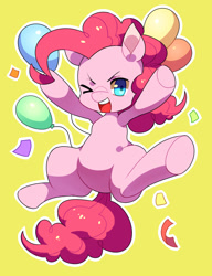 Size: 800x1039 | Tagged: safe, artist:kabosu, pinkie pie, earth pony, pony, balloon, confetti, cute, diapinkes, female, looking at you, mare, one eye closed, open mouth, pixiv, simple background, solo, wink, yellow background