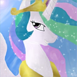 Size: 600x600 | Tagged: safe, artist:beautifulwarri0r, princess celestia, alicorn, pony, bedroom eyes, female, horn, mare, multicolored mane, smiling, solo, white coat