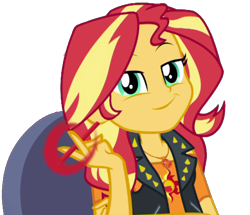 Size: 2048x1759 | Tagged: safe, artist:thebar, sunset shimmer, better together, equestria girls, chair, confident, female, geode of empathy, leather vest, like a boss, looking at you, magical geodes, pen, simple background, sitting, smiling, smug, smugset shimmer, solo, transparent background