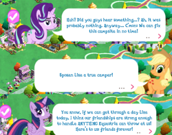 Size: 764x600 | Tagged: safe, applejack, starlight glimmer, twilight sparkle, twilight sparkle (alicorn), alicorn, earth pony, pony, unicorn, the mean 6, canterlot, dialogue, female, game screencap, gameloft, mare, speech bubble