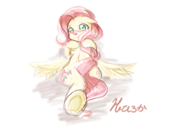 Size: 1600x1200 | Tagged: safe, artist:haruno hiroka, fluttershy, pegasus, pony, abstract background, blushing, covering, crying, cutie mark, eyebrows, eyelashes, floppy ears, green eyes, open mouth, pink mane, pixiv, solo, tail covering, underhoof, wings