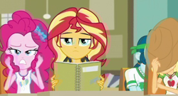 Size: 552x298 | Tagged: safe, screencap, applejack, pinkie pie, sunset shimmer, equestria girls, equestria girls series, the finals countdown, classroom, solo, sunset shimmer is not amused, unamused
