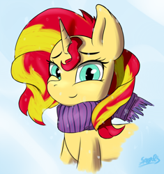 Size: 1242x1324 | Tagged: safe, artist:sanzols, sunset shimmer, pony, unicorn, bust, clothes, female, looking at you, mare, portrait, scarf, signature, smiling, snow, solo