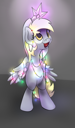 Size: 1403x2381 | Tagged: safe, artist:klemm, derpy hooves, semi-anthro, christmas, christmas lights, christmas tree, hilarious in hindsight, simple background, solo, tree