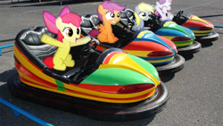 Size: 1920x1080 | Tagged: safe, artist:mr-kennedy92, apple bloom, derpy hooves, scootaloo, sweetie belle, pegasus, pony, bumper cars, cutie mark crusaders, female, irl, mare, photo, ponies in real life, vector