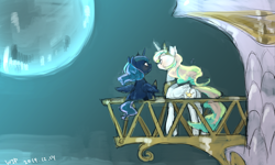 Size: 1472x884 | Tagged: safe, artist:chi-hayu, princess celestia, princess luna, alicorn, pony, balcony, canterlot, cute, female, filly, mare, moon, night, sisters, wip, woona