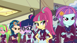 Size: 1280x720 | Tagged: safe, screencap, indigo zap, jet set, lemon zest, neon lights, pokey pierce, rising star, sci-twi, sour sweet, sunny flare, suri polomare, twilight sparkle, upper crust, equestria girls, friendship games, clothes, crystal prep academy uniform, crystal prep shadowbolts, headphones, school uniform