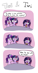 Size: 2000x3800 | Tagged: safe, artist:duop-qoub, starlight glimmer, twilight sparkle, twilight sparkle (alicorn), alicorn, pony, unicorn, :t, bags under eyes, blushing, burger, comic, descended twilight, dialogue, eating, female, food, future future twilight, hoof hold, implied selfcest, looking at each other, mare, multeity, side hug, speech bubble, spread wings, text, twilight burgkle, wings