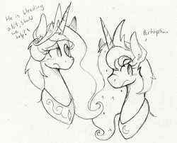 Size: 1280x1032 | Tagged: safe, artist:wirelesspony, princess celestia, princess luna, alicorn, pony, bust, dialogue, monochrome, portrait, sketch