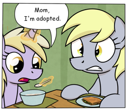 Size: 673x587 | Tagged: safe, artist:moemneop, edit, derpy hooves, dinky hooves, pegasus, pony, adopted offspring, breakfast, comic, dialogue, exploitable meme, female, mare, meme, subverted meme, text edit, you're adopted