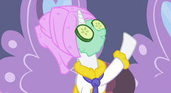 Size: 1099x597 | Tagged: safe, screencap, rarity, pony, unicorn, green isn't your color, bathrobe, clothes, cucumber, mud mask, raised hoof, robe, solo, spa
