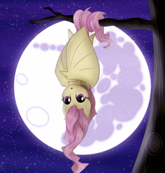 Size: 2856x3000 | Tagged: safe, artist:kp-shadowsquirrel, artist:vocalmaker, fluttershy, bats!, :o, cute, fangs, flutterbat, hanging, looking at you, mare in the moon, moon, night, prehensile tail, shyabetes, solo, tree, upside down