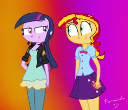 Size: 1406x1213 | Tagged: safe, artist:fernandash, sunset shimmer, twilight sparkle, equestria girls, clothes swap, female, lesbian, looking at each other, shipping, smiling, sunsetsparkle