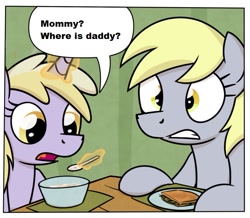 Size: 673x587 | Tagged: safe, artist:moemneop, edit, derpy hooves, dinky hooves, pegasus, pony, breakfast, exploitable meme, female, mare, meme