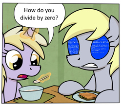 Size: 673x587 | Tagged: safe, artist:moemneop, edit, derpy hooves, dinky hooves, pegasus, pony, blue screen of death, breakfast, comic, divide by zero, exploitable meme, female, mare, meme