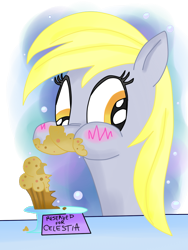 Size: 600x800 | Tagged: safe, artist:andypriceart, artist:krazykari, derpy hooves, princess celestia, alicorn, pegasus, pony, female, food, i regret nothing, mare, muffin, solo, that pony sure does love muffins, this will end in tears and/or a journey to the moon