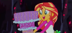 Size: 901x414 | Tagged: safe, edit, edited screencap, screencap, sunset shimmer, comic:a new change, equestria girls, legend of everfree, cake, cropped, discovery kids, food, pregnant, pregnant edit, smiling, solo, teen pregnancy