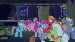 Size: 1920x1080 | Tagged: safe, derpibooru import, screencap, apple bloom, big macintosh, granny smith, pinkie pie, rainbow dash, rarity, scootaloo, sweetie belle, twilight sparkle, twilight sparkle (alicorn), alicorn, earth pony, pegasus, pony, unicorn, 28 pranks later, cookie, cutie mark crusaders, food, hay bale