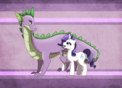 Size: 1023x731 | Tagged: safe, artist:blueheart417, rarity, spike, dragon, pony, unicorn, blushing, female, male, mare, older, older spike, shipping, sparity, straight