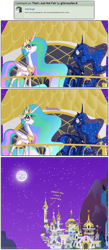 Size: 1248x2865 | Tagged: safe, artist:grievousfan, fluttershy, princess celestia, princess luna, alicorn, pegasus, pony, balcony, comic, floppy ears, frown, gritted teeth, meme, moon, night, shocked, sky, special eyes, the stare, wide eyes